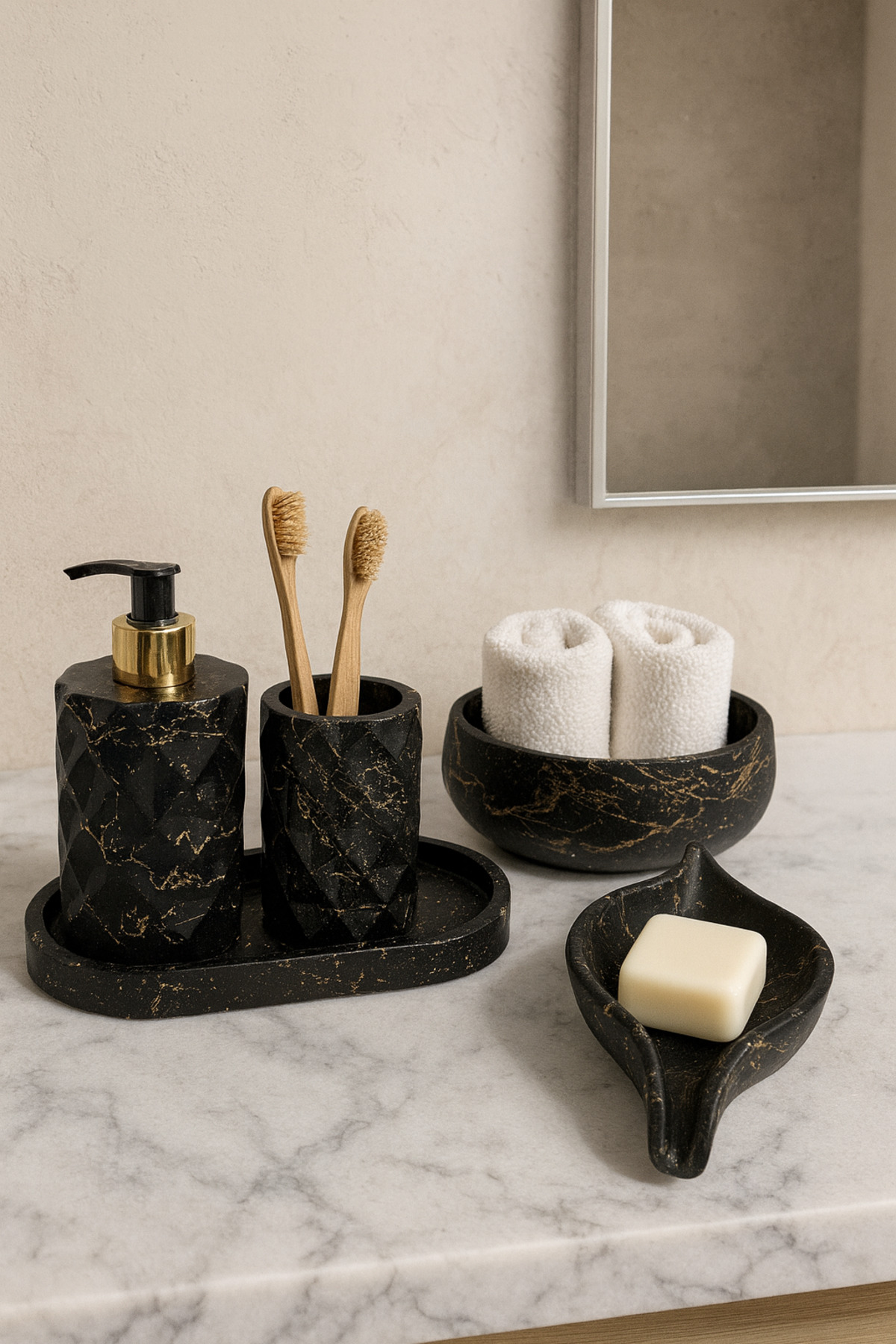 Decorative Diamond Model 5-Piece Bathroom Set Liquid and Solid Soap Dispenser Toothbrush Holder Tray Towel Holder Set