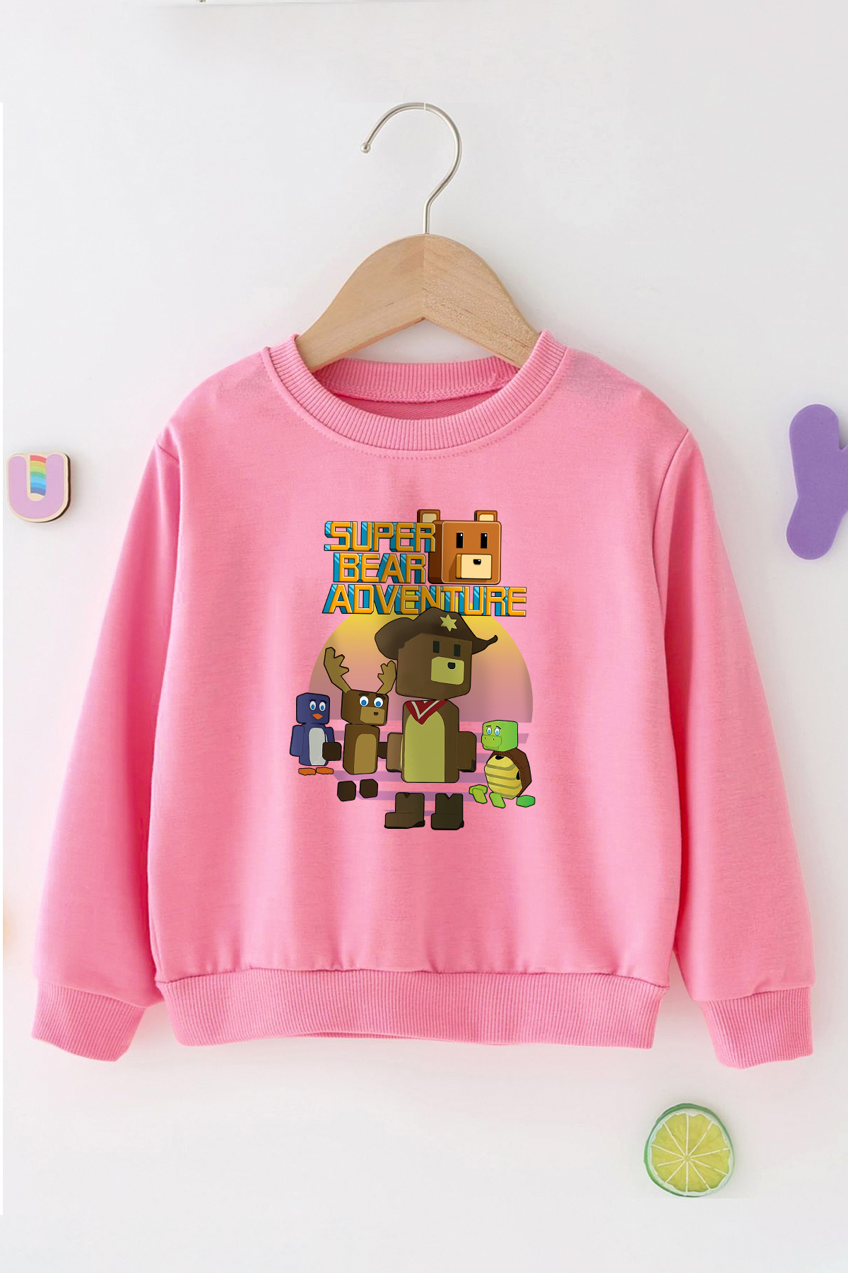 Super Bear Play Character Printed Boy and Girl Black Pink Blue Sweatshirt