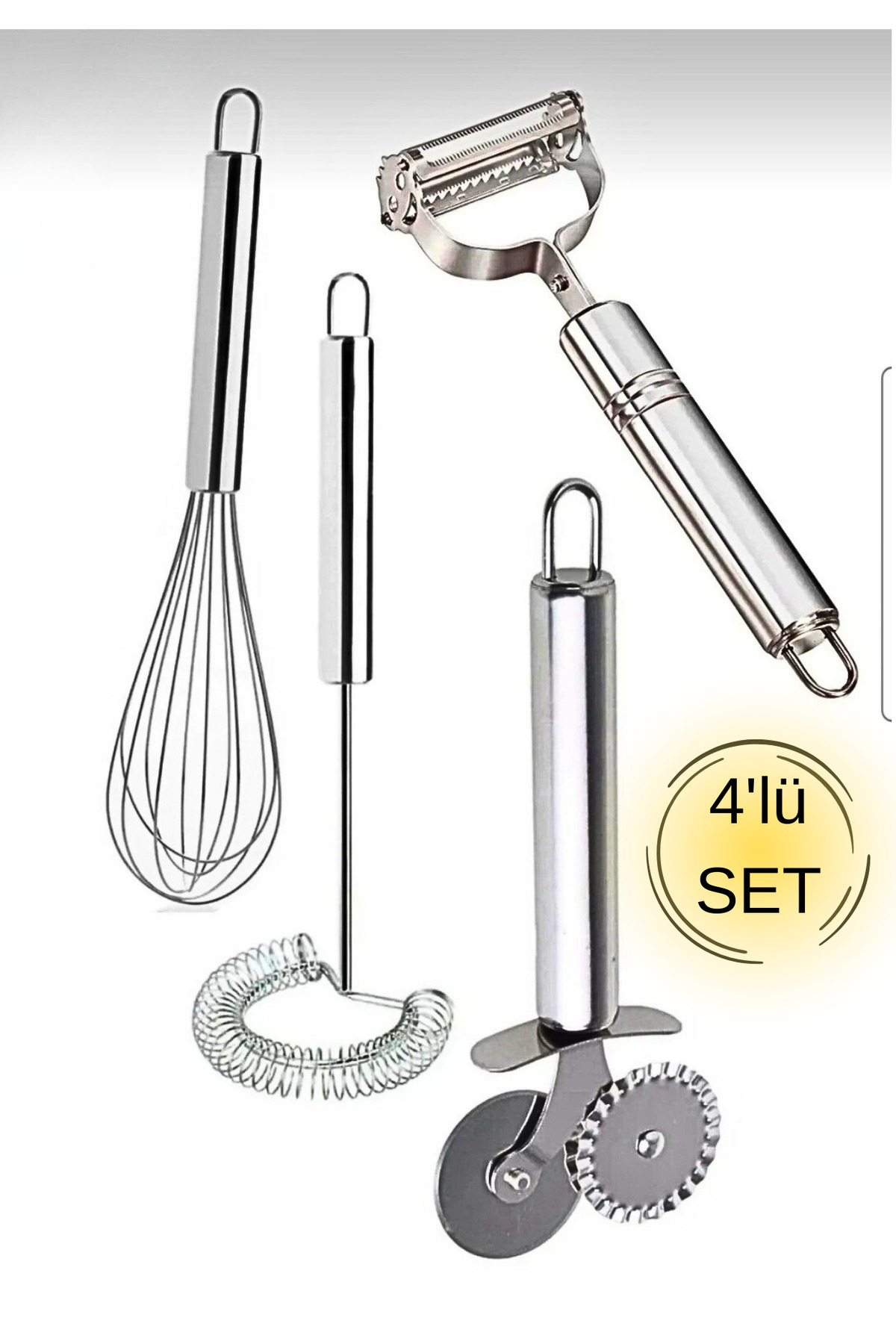 4-Piece Kitchen Set Beater + Spiral Beater + Julienne Peeler + Double Knife Pizza & Dough Cutter