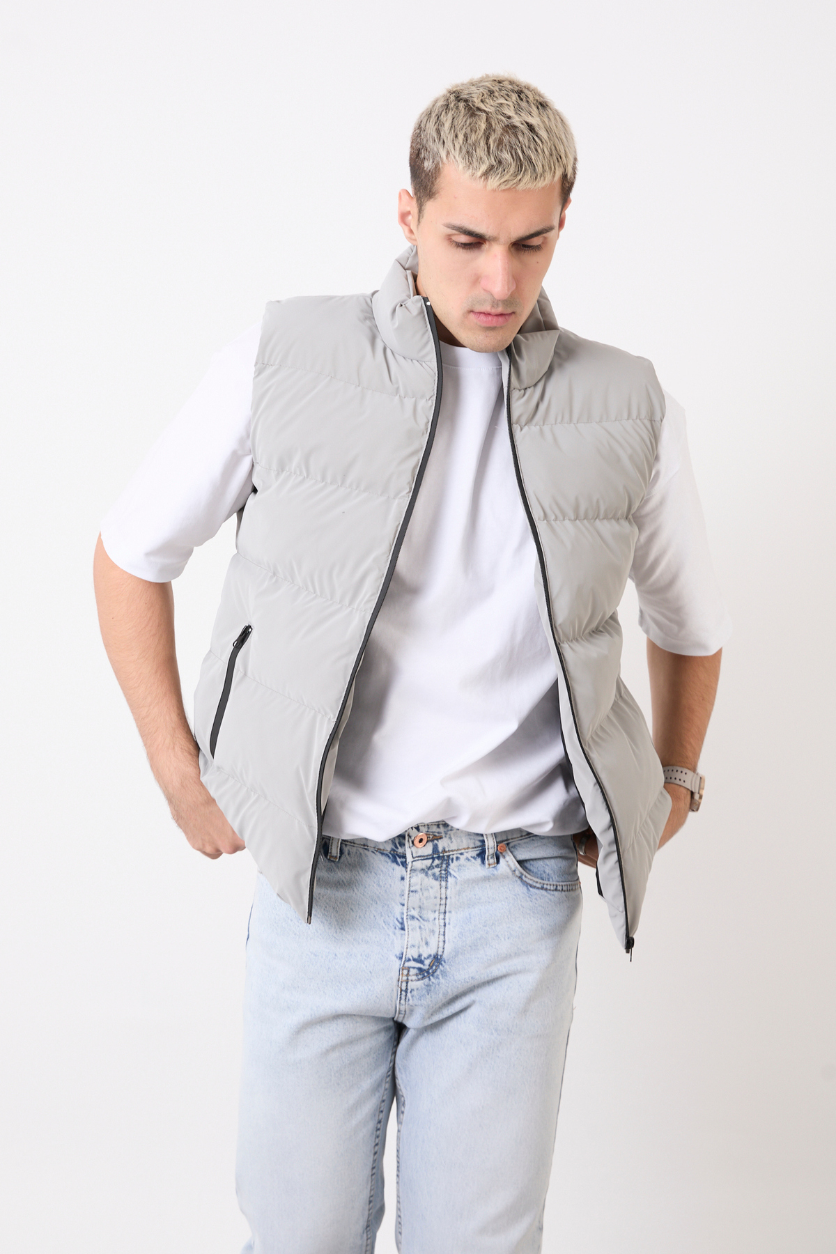 blayn jeans Erkek Krem Şişme Yelek, Hafif, Dik Yaka, Günlük Kullanım görsel 4