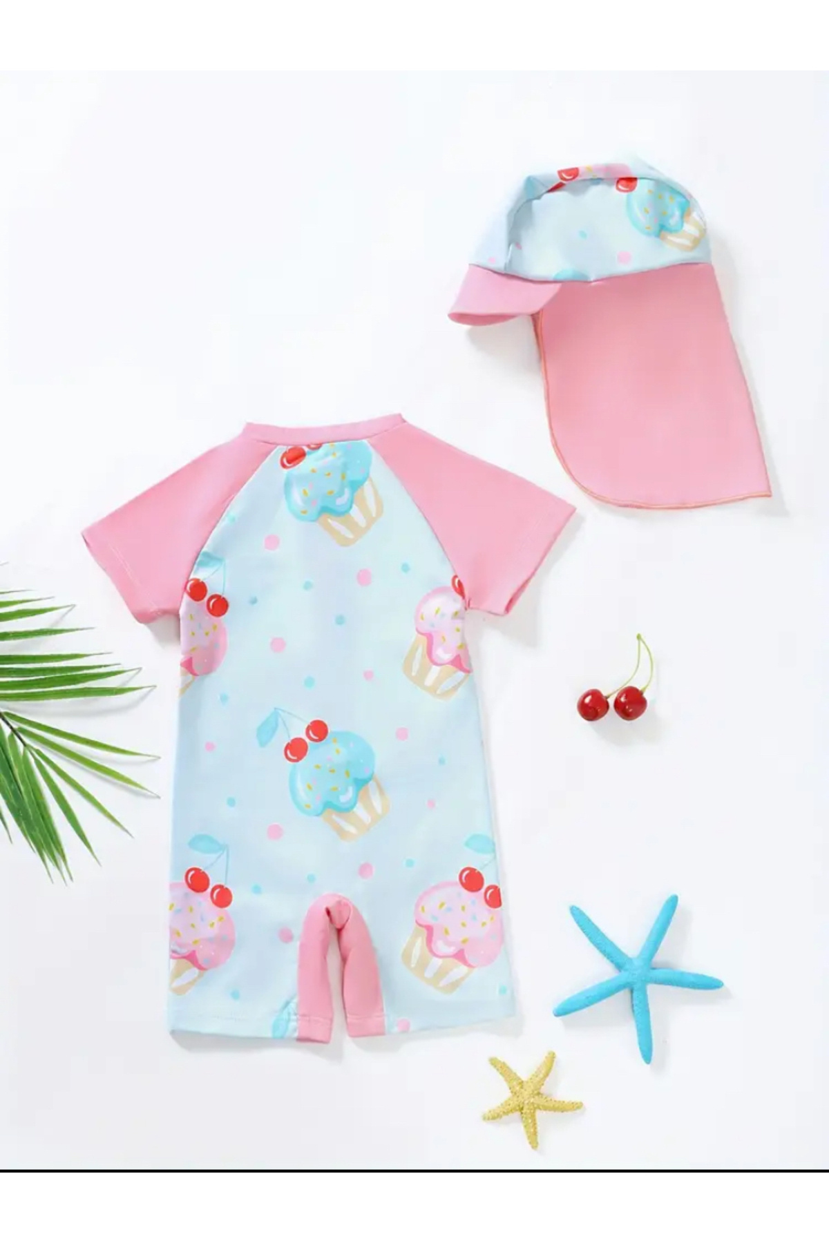 MODA Kız Bebek Cupcake Desenli Fermuarlı Kısa Kollu Tulum Mayo ve Şapka Seti fotoğrafı 2 (önizleme)