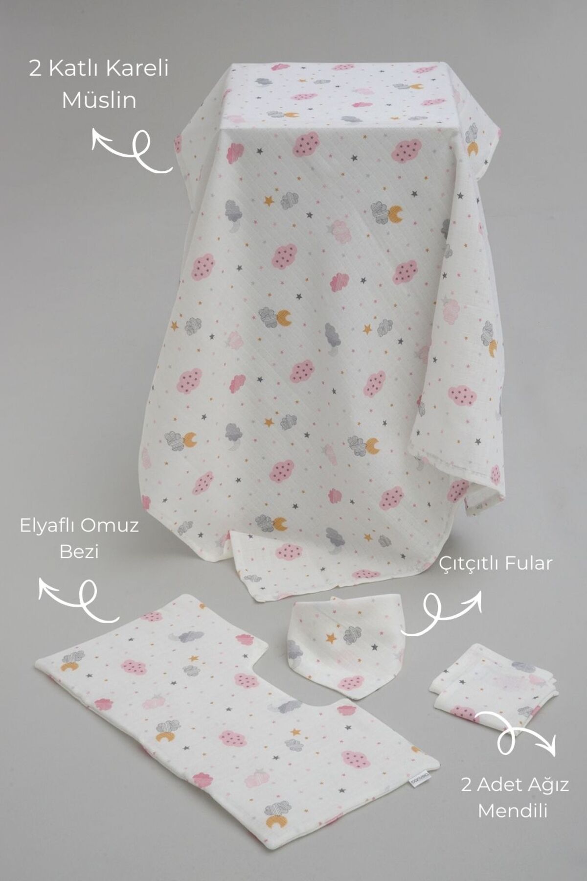 Banvela Handmade 5'li Müslin %100 Pamuk Organik Yenidoğan Bebek Battaniye Örtü Seti-Önlük,Mendil,Omuz Bezi,Fular fotoğrafı 2 (önizleme)