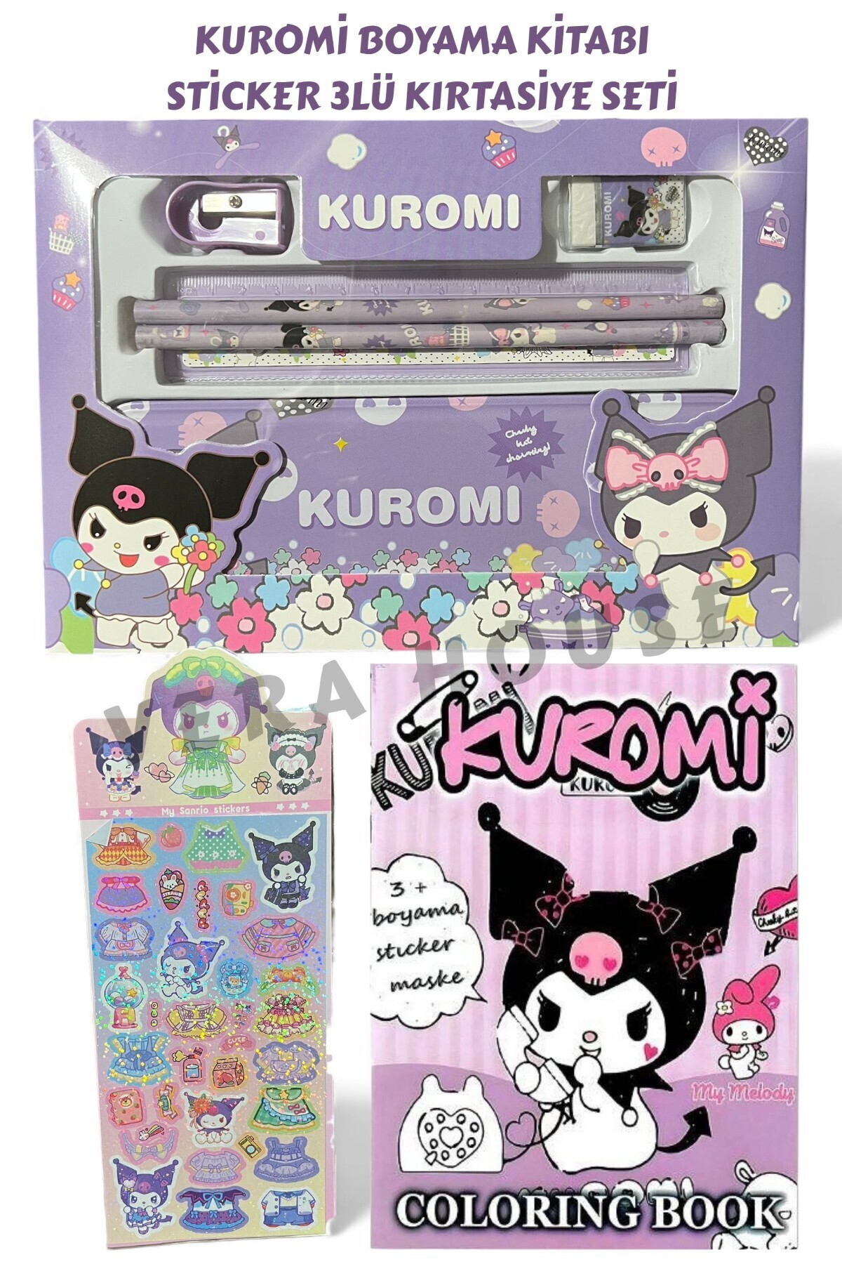 VERA HOUSE Kuromi Model Boyama Kitaplı Kırtasiye Seti - Kuromili Sticker Boyama Kitabı Set