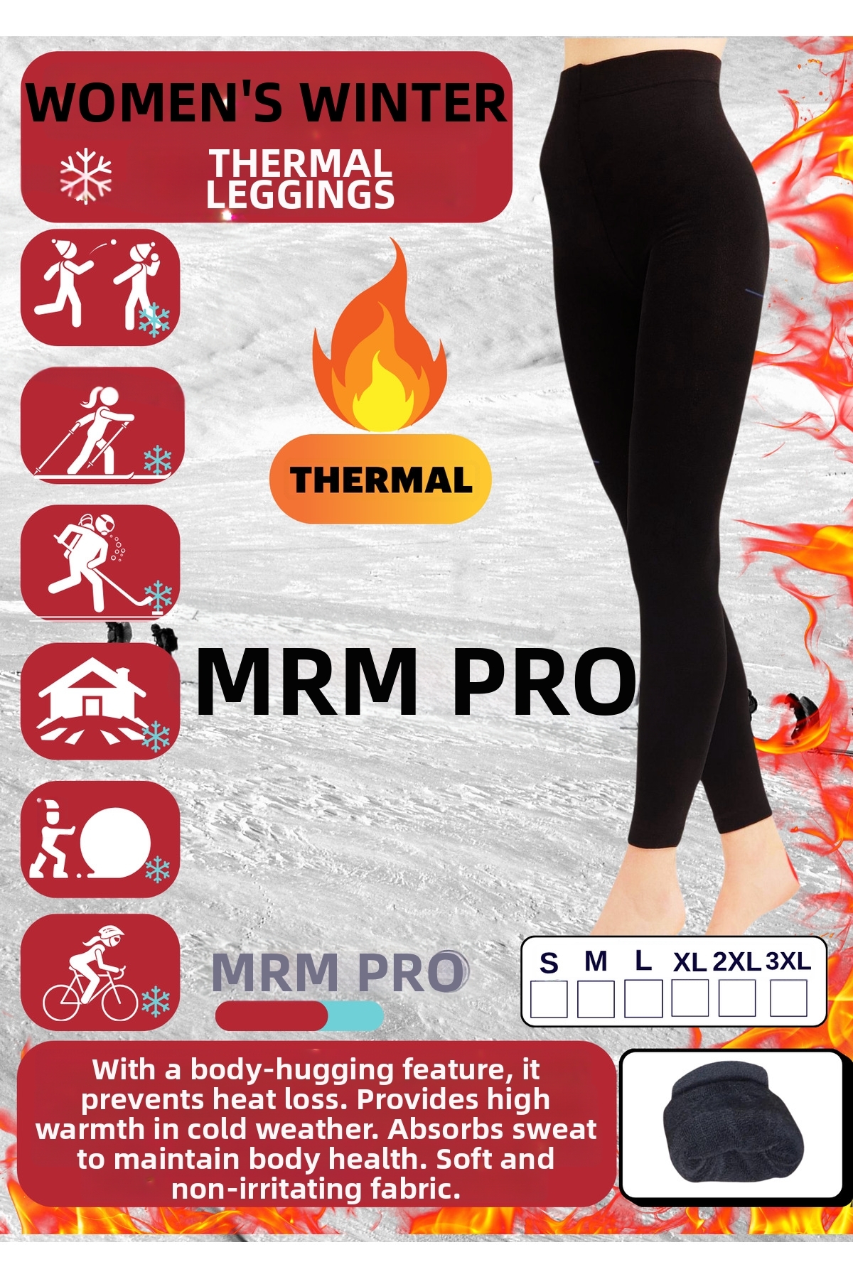 mrmpro Women's Black Winter Thermal Leggings Inner Towel Fleece Durable Model