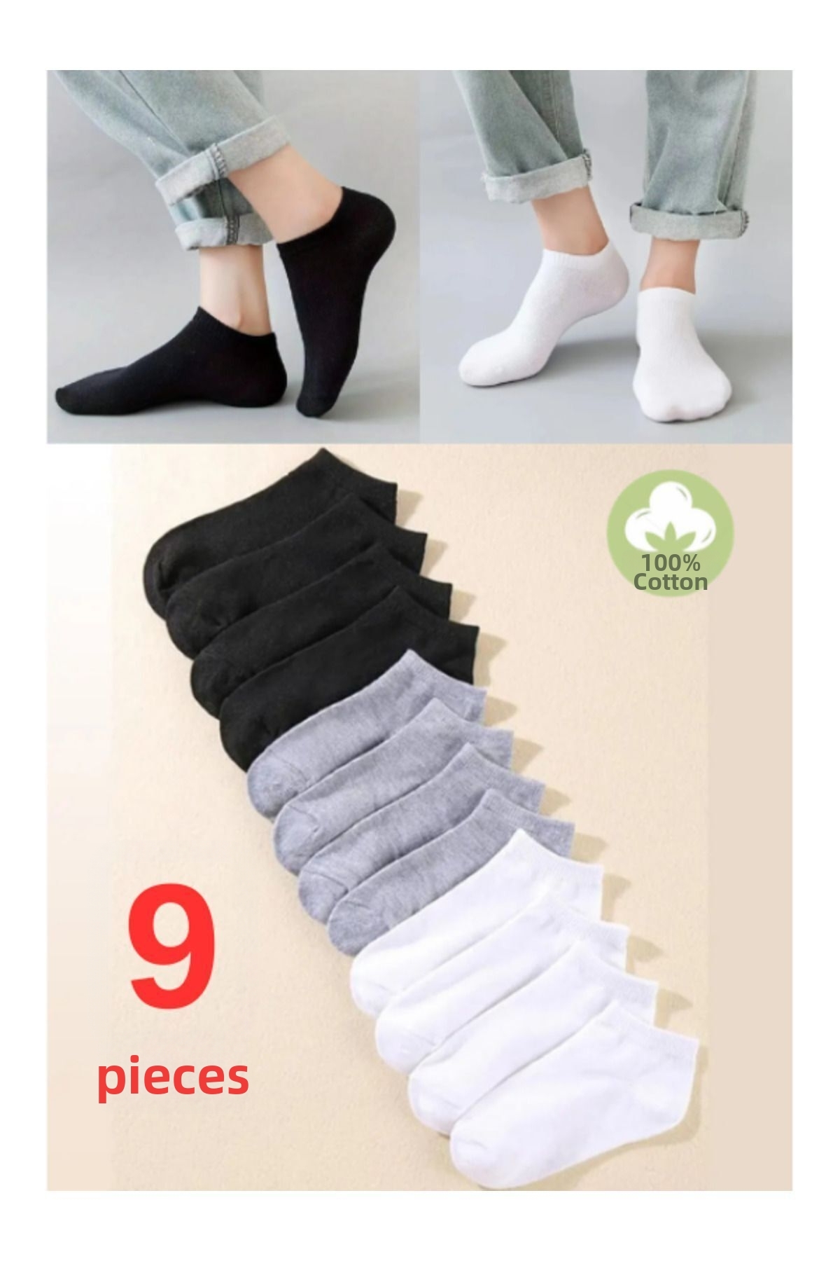 Hobins Sportswear & Company Unisex Booties Socks 9-Pack Anti-Sweat Extra Comfortable