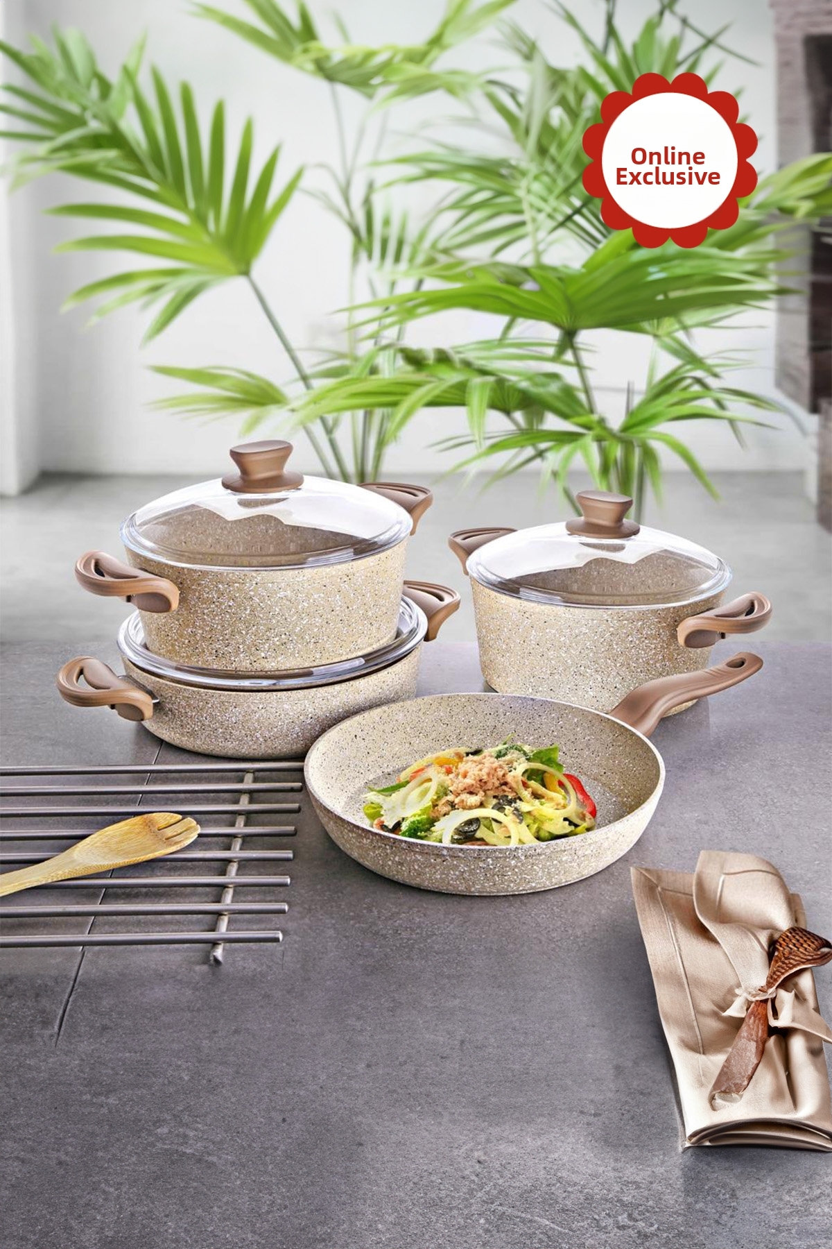 LAVONNI Diez 7 Piece Ezme Granite Cookware Set - Cappuccino - 20/24 Deep / 26...