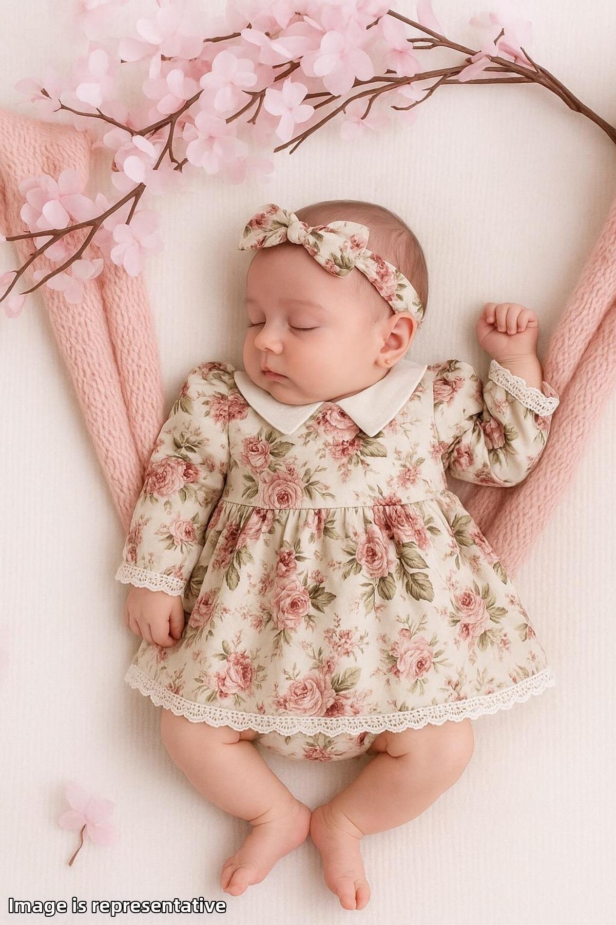 Minimus Newborn Baby Girl Daisy Cotton Dress, Triangle Neck, Headband, Lace Woven Baby Dress Set