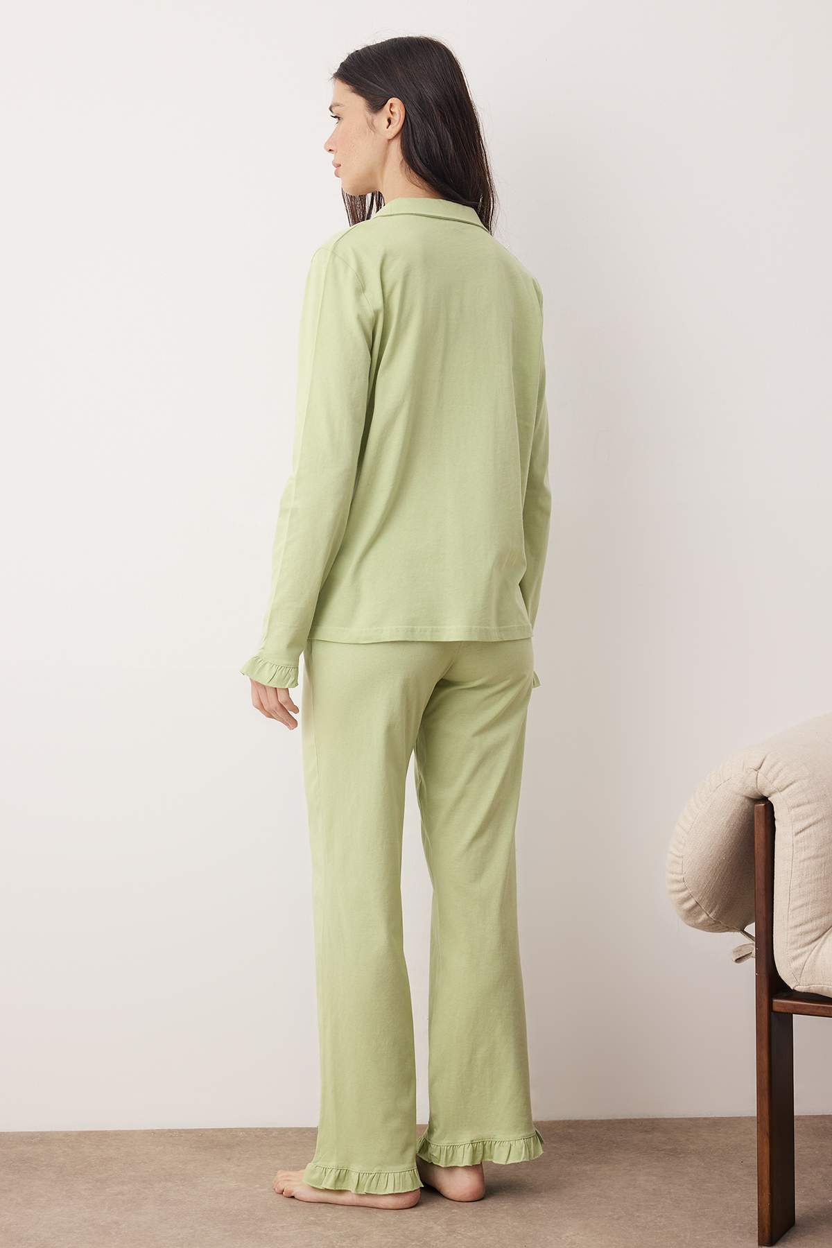 Trendyolmilla  Mint %100 Pamuklu Fırfırlı Örme Pijama Takımı THMAW24PT00007 - Görsel 4