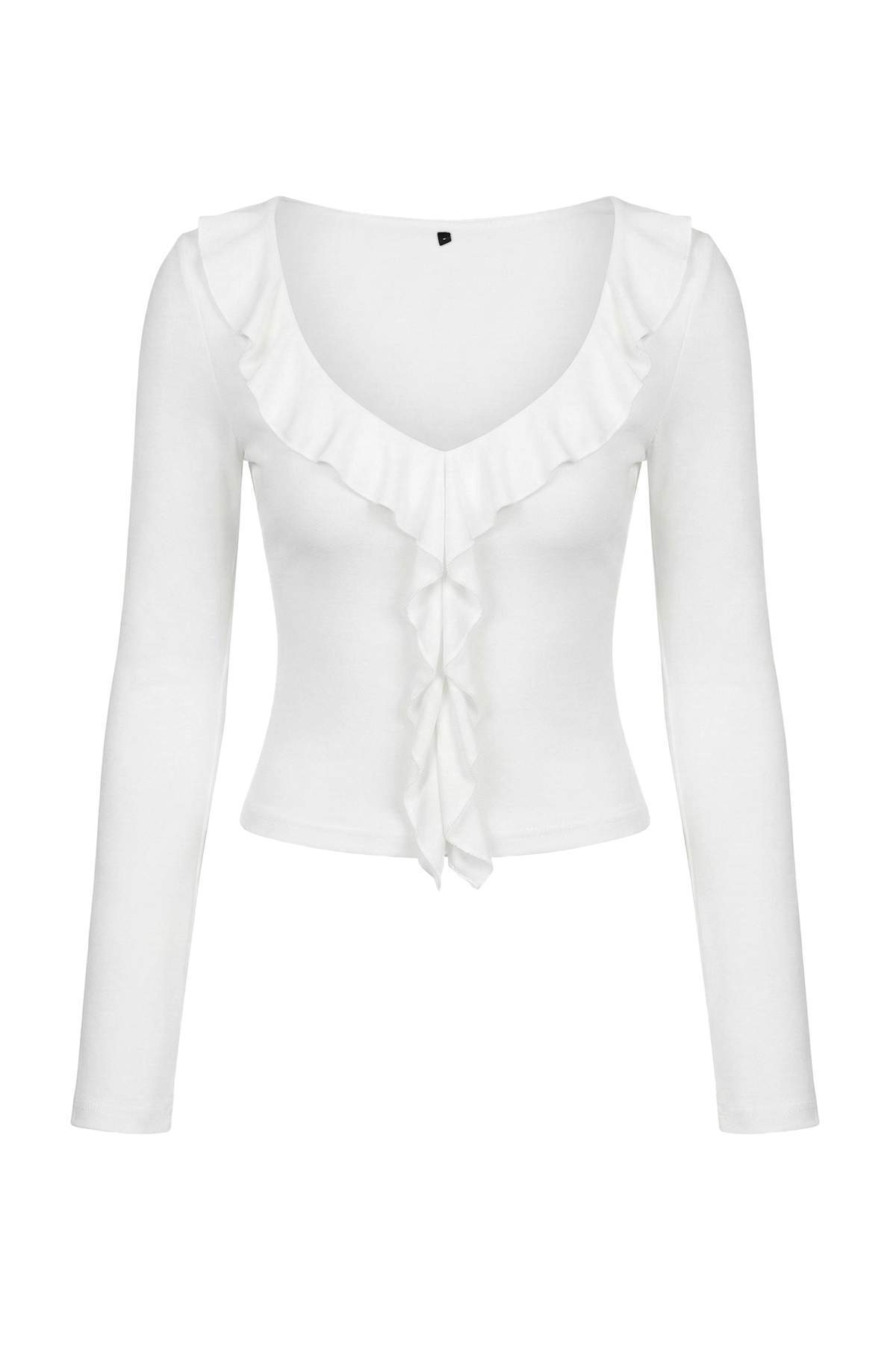 Trendyolmilla  Ekru Fırfırlı Fitted/Vücuda Oturan Örme Bluz TWOAW26BZ00287 - Görsel 5