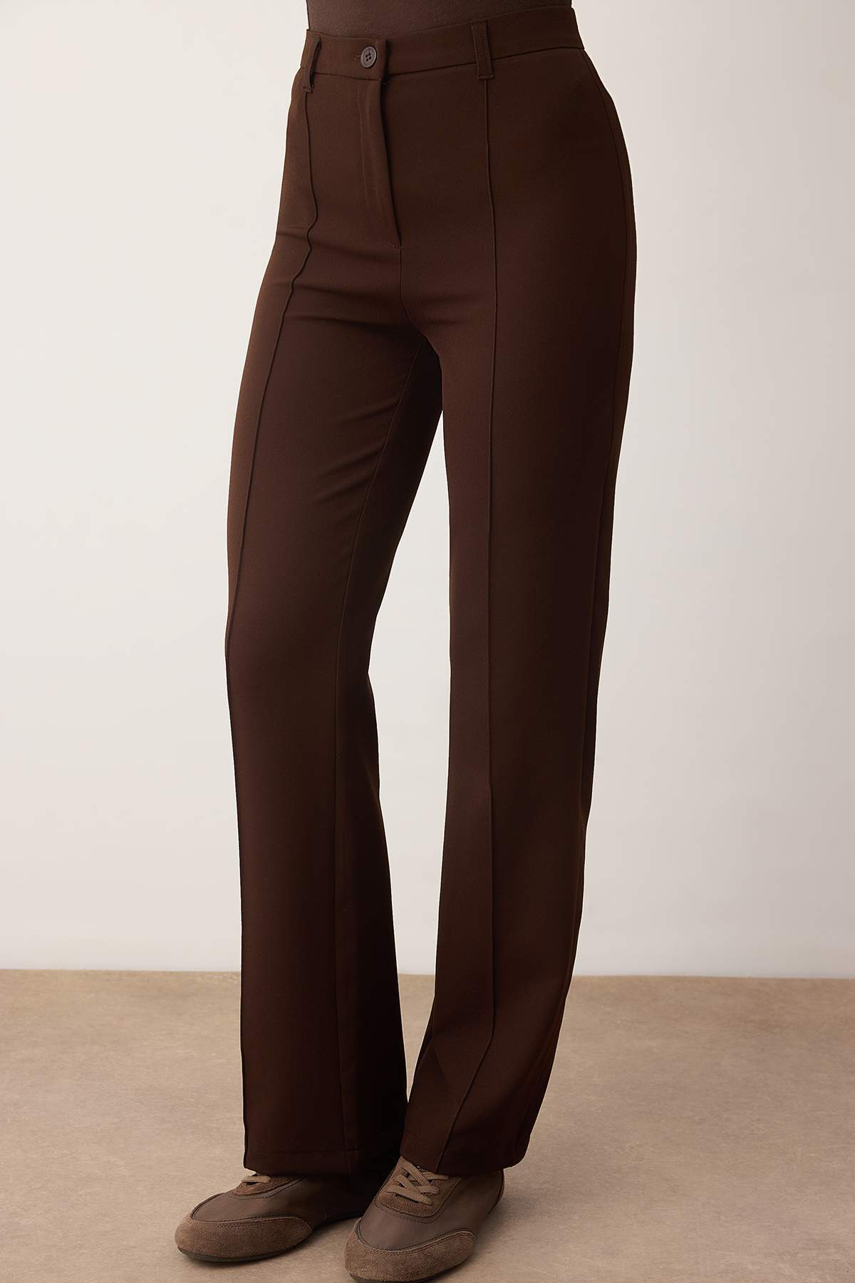 Trendyolmilla  Koyu Kahverengi Kalın Esnek Kumaş Straight/Düz Kesim Nervür Dikişli Pantolon TWOAW26PL00027 - Görsel 3