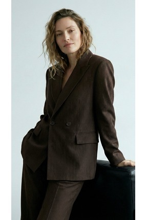 Co Kadın Çift Düğmeli Çizgili Blazer Ceket- Astarlı