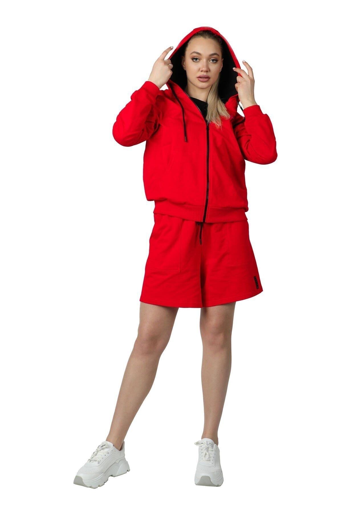defys  Defy's Alya Kadın %100 Pamuk 2 İplik Şardonsuz Oversize Kapüşonlu Fermuarlı Kırmızı Sweatshirt - Görsel 6