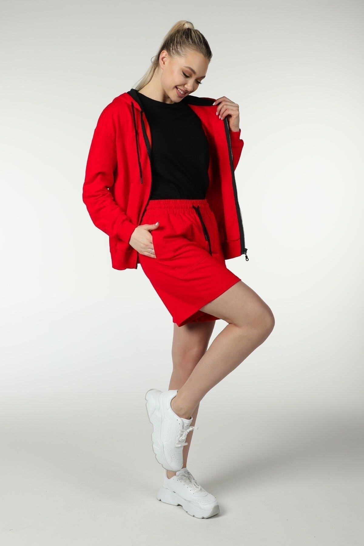 defys  Defy's Alya Kadın %100 Pamuk 2 İplik Şardonsuz Oversize Kapüşonlu Fermuarlı Kırmızı Sweatshirt - Görsel 5