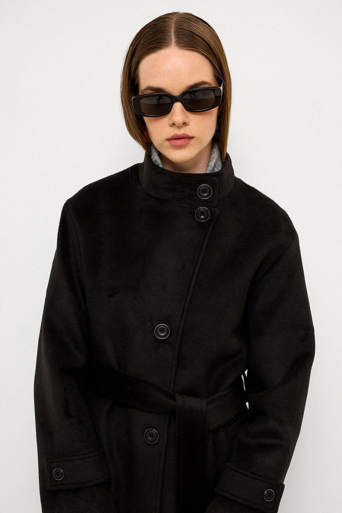 Olcay  Dik Yaka Oversize Uzun Kaban SİYAH 3124 - Görsel 5