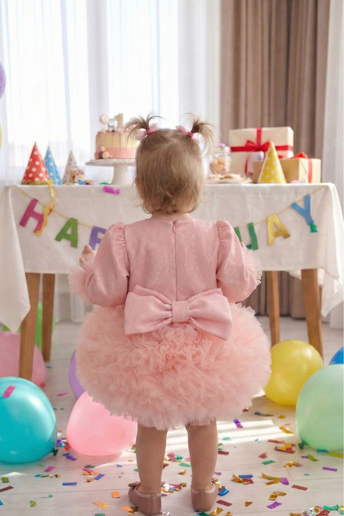 penu baby kids Pembe Pırıltı Kumaş Tütü Etekli Fiyonklu Uzun Kollu Kız Çocuk Kız Bebek Elbise fotoğrafı 6 (önizleme)