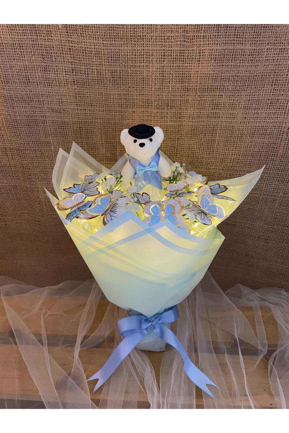 Melonİst Mavi Ledli Kelebek buketi, yenidoğan erkek bebek hediyesi için uygundur. LEDLİ fotoğrafı 3 (önizleme)