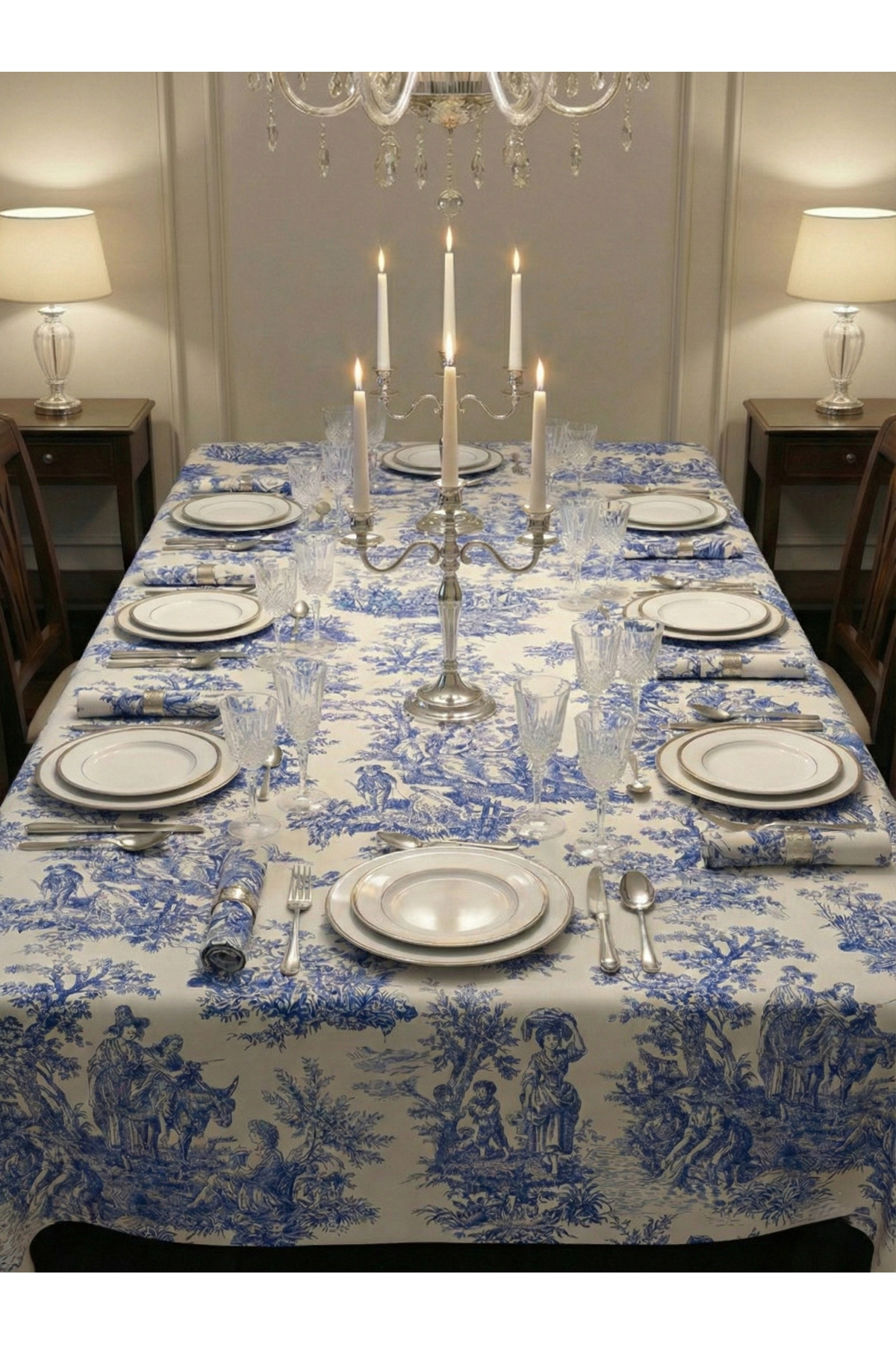 Navy Blue French Peasants Patterned Rustic Vintage Decorative Liquid Repellent Oversized Tablecloth