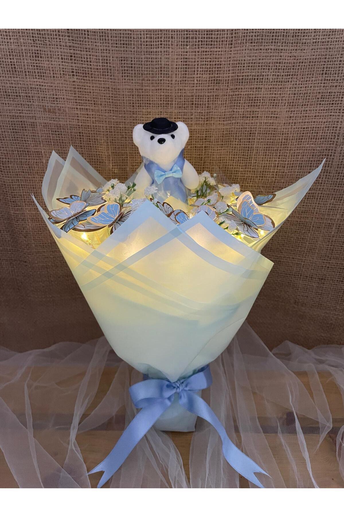 Melonİst Mavi Ledli Kelebek buketi, yenidoğan erkek bebek hediyesi için uygundur. LEDLİ fotoğrafı 5 (önizleme)