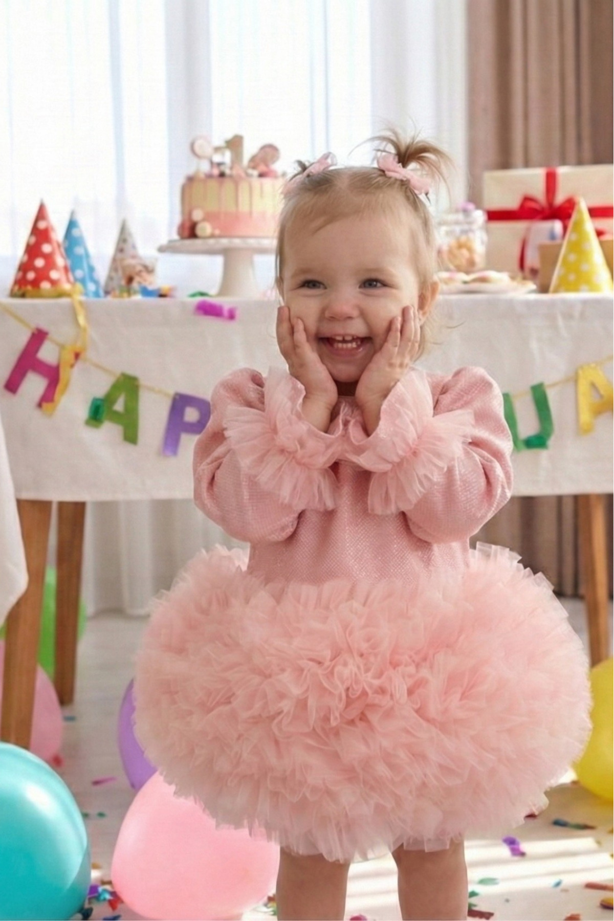 penu baby kids Pembe Pırıltı Kumaş Tütü Etekli Fiyonklu Uzun Kollu Kız Çocuk Kız Bebek Elbise fotoğrafı 3 (önizleme)