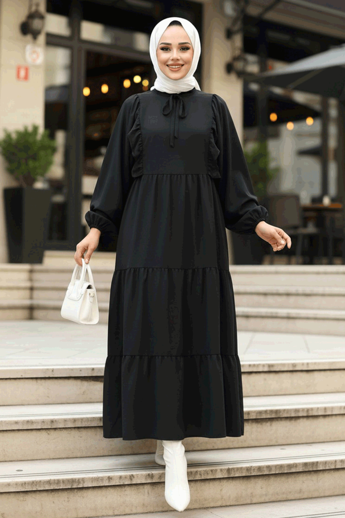 Neva Style Balloon Sleeve Black Hijab Poplin Dress 57349S- Trendyol