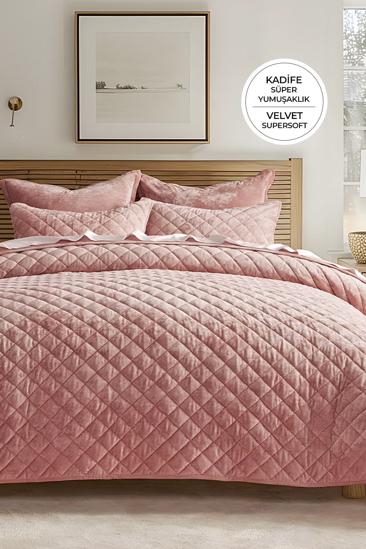 Quilted Velvet Bedspread Set Double Supersoft 3-Piece Soft Fiber Filled Powder