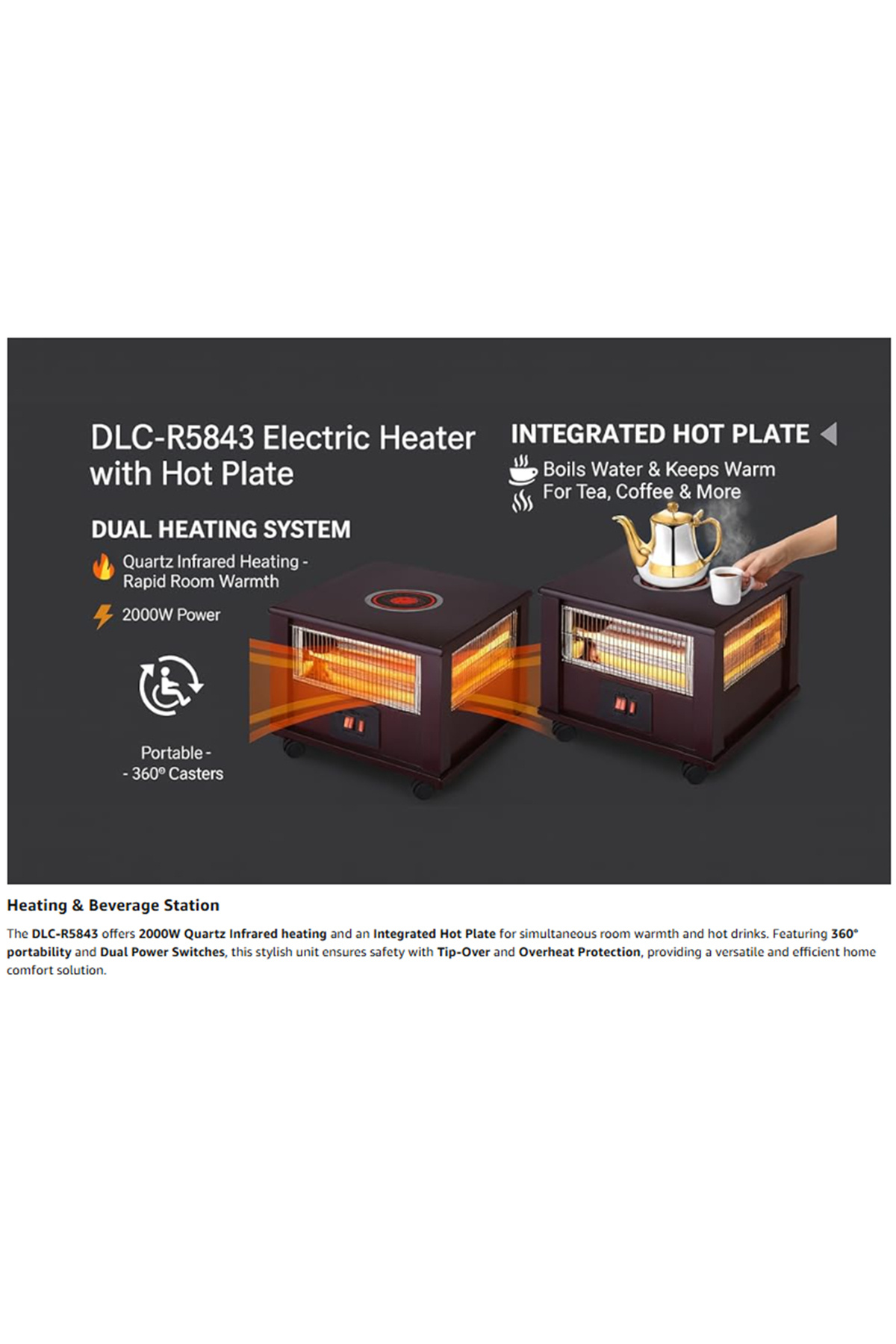 مدفأة كهربائية DLC بأربع شعلات مع لوح تسخين، سخان كوارتز بالأشعة تحت الحمراء، قابلة للتعديل بزاوية 360 درجة، DLC-R5843