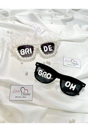 LoveStore Gelin Damat Güneş Gözlüğü Özel Tasarım İncili Tüylü Bride Groom Yaz...