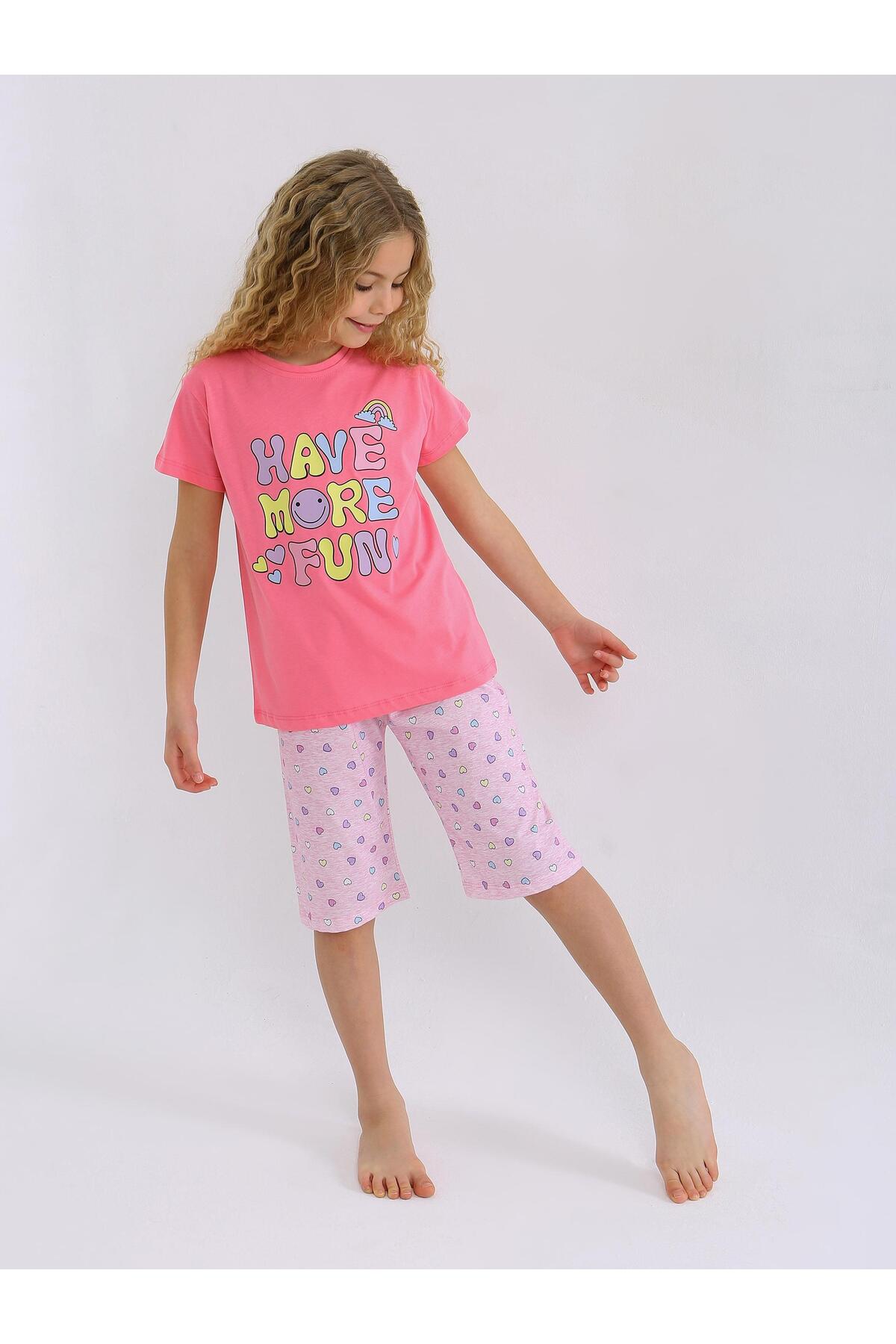 vitmo Kız Çocuk Kısa Kollu Kapri %100 Pamuklu Pijama Takımı More Fun fotoğrafı 5 (önizleme)