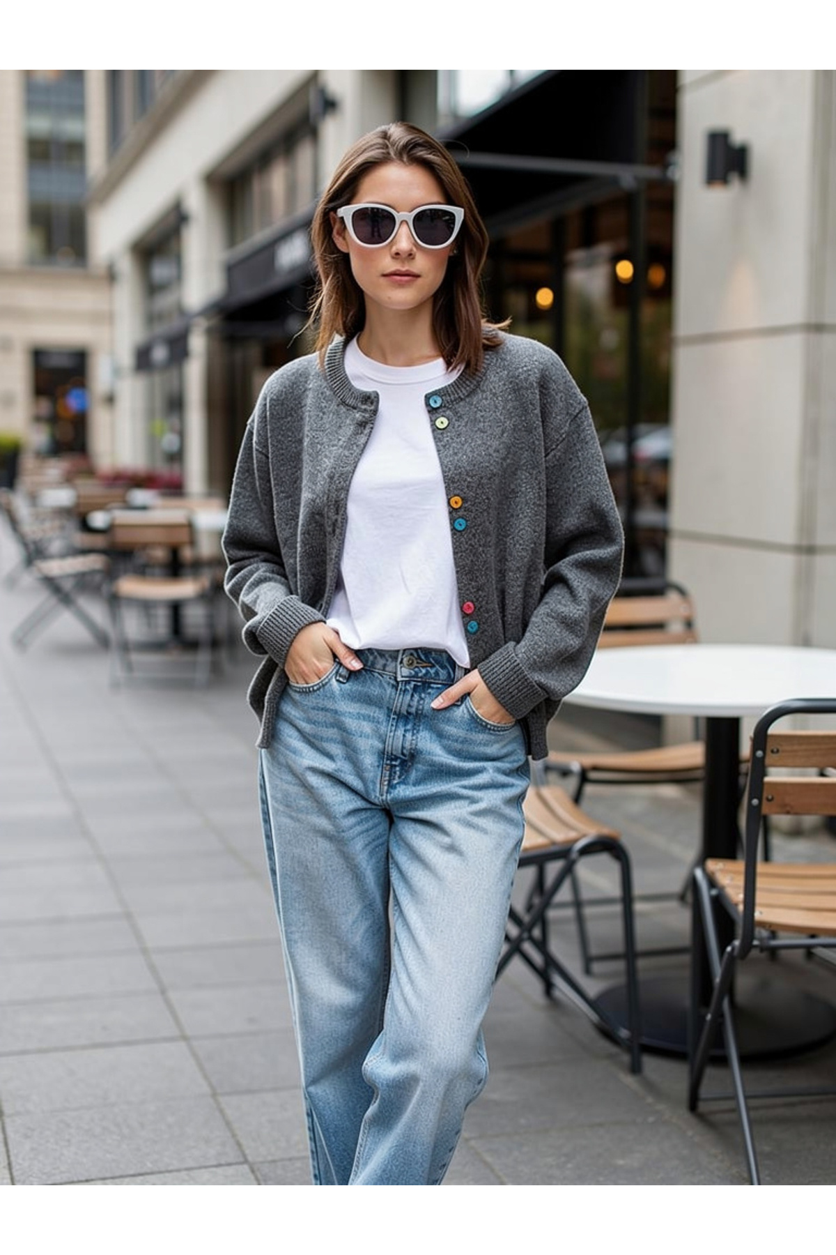 Ugdelia  Kadın Renkli Dügmeli Triko Hırka - Görsel 5