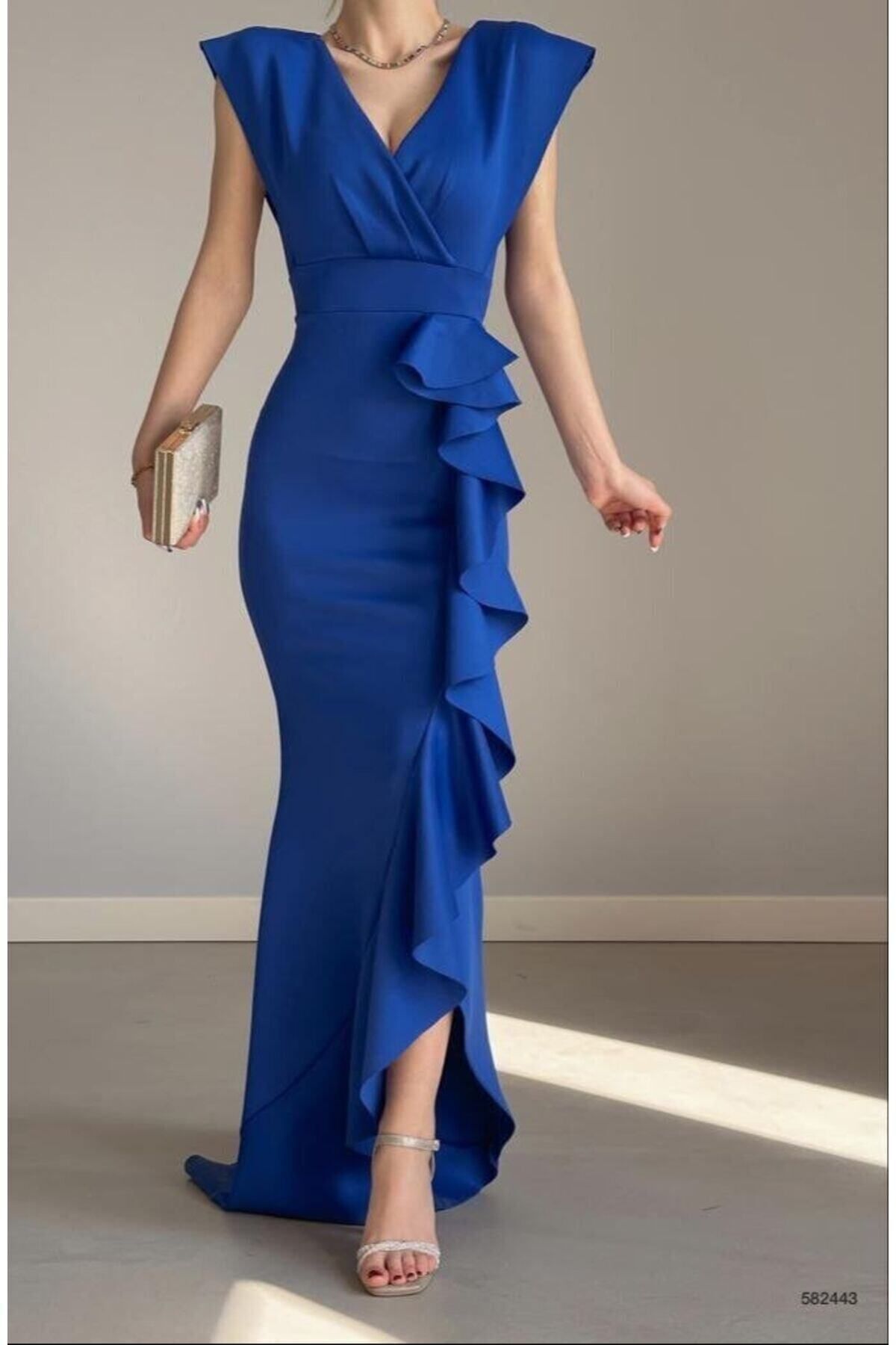 Women's Sax Scuba Diver Fabric Wrap Collar Skirt Flywheel Evening Dress Graduation Wedding Dress