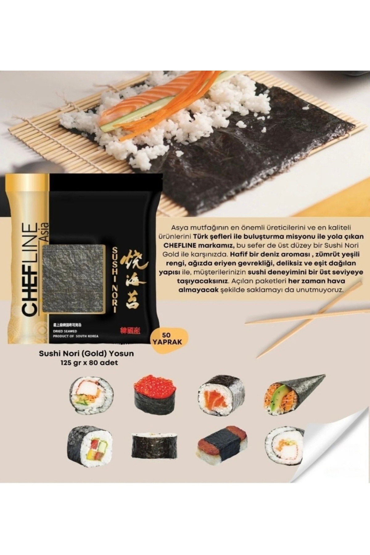 Chefline Asia Sushi Nori Deniz Yosunu Gold 50 Yaprak 125g - Fiyatı