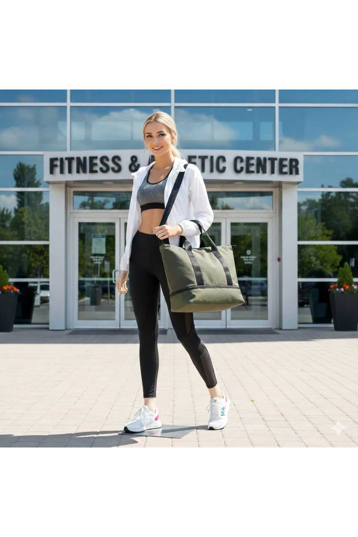 Do Tebe  Paraşüt Kumaş Ayakkabı Bölmeli Yazlık/Kışlık Haki Kadın Spor/Fitness Anne Bebek Seyahat Çantası - Görsel 3