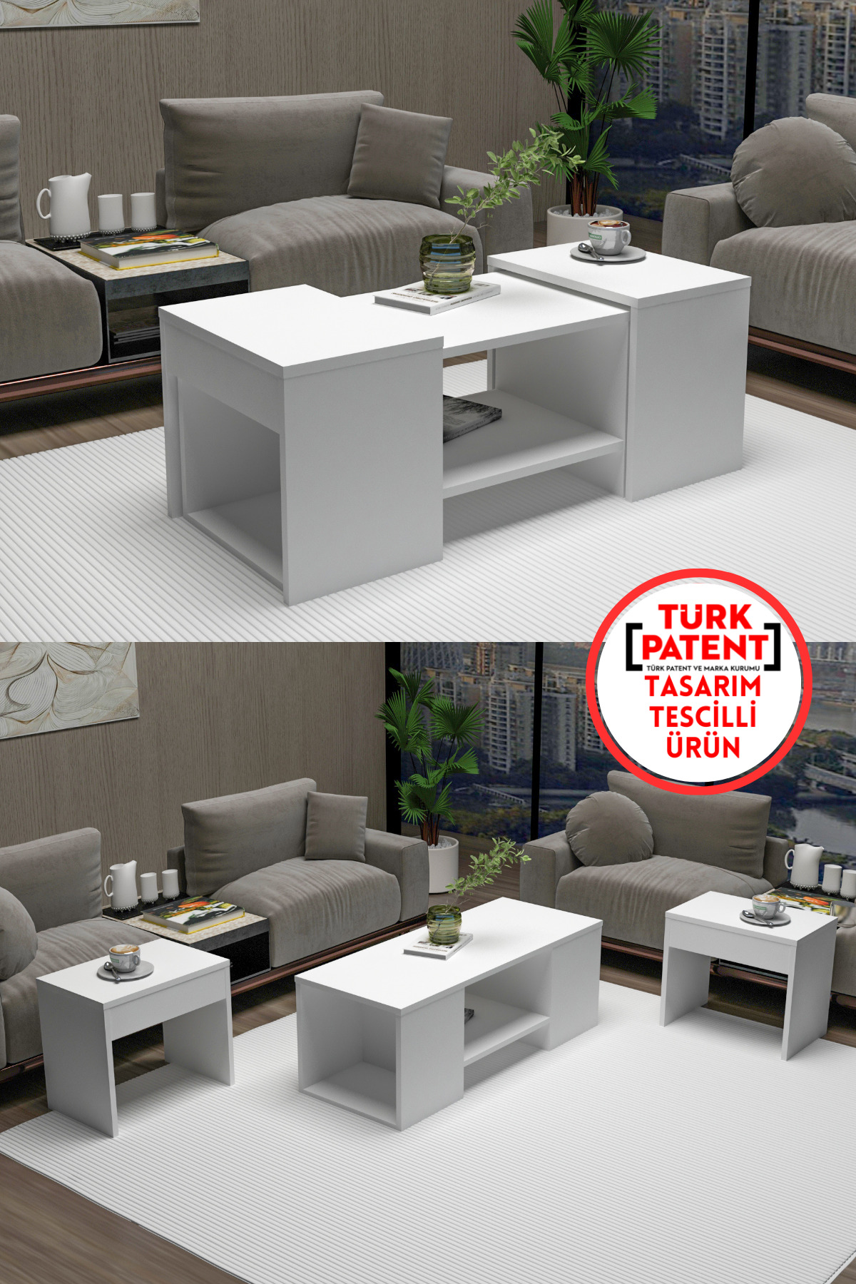 Sartos 3-Piece Zigon Coffee Table Set, White Modern Coffee Table, Living Room and Side Table Set