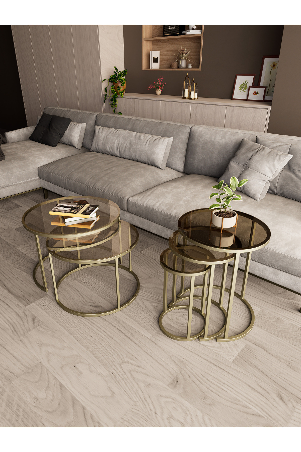 Milas Middle and Zigon Coffee Table Set (Ø60-47) Matte Gold Metal, Tempered Bronze Glass