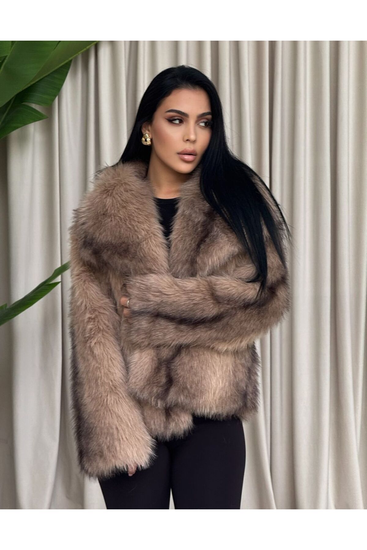 VESS MODA Women's Gray Fox Pattern Jacquard Faux Fur Coat- Trendyol