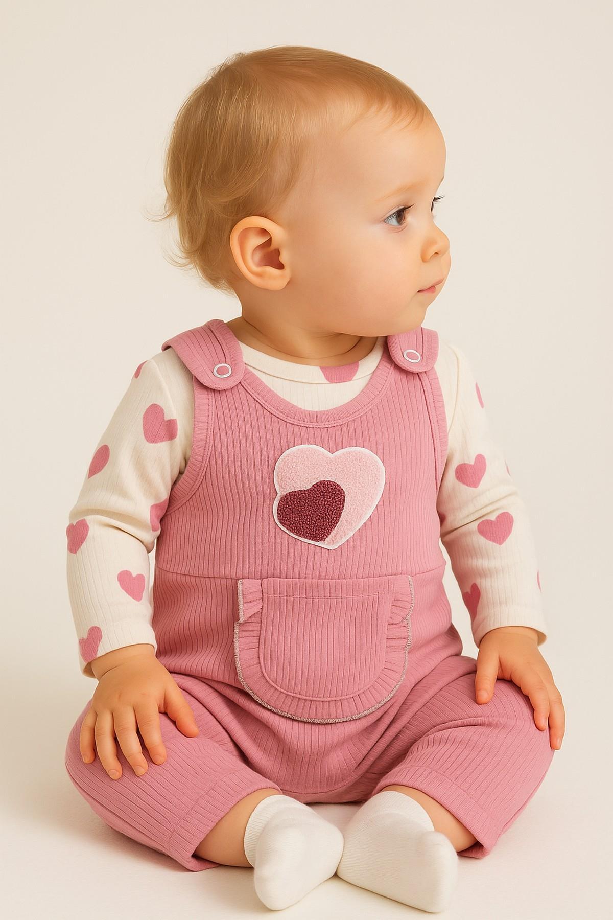 dinamik çocuk Kalp Süzene Nakışlı Fitilli Cepli Kız Bebek 3’lü Tulum Seti – Zıbın, Tulum Ve Çorap |3-6-9Ay fotoğrafı 2 (önizleme)