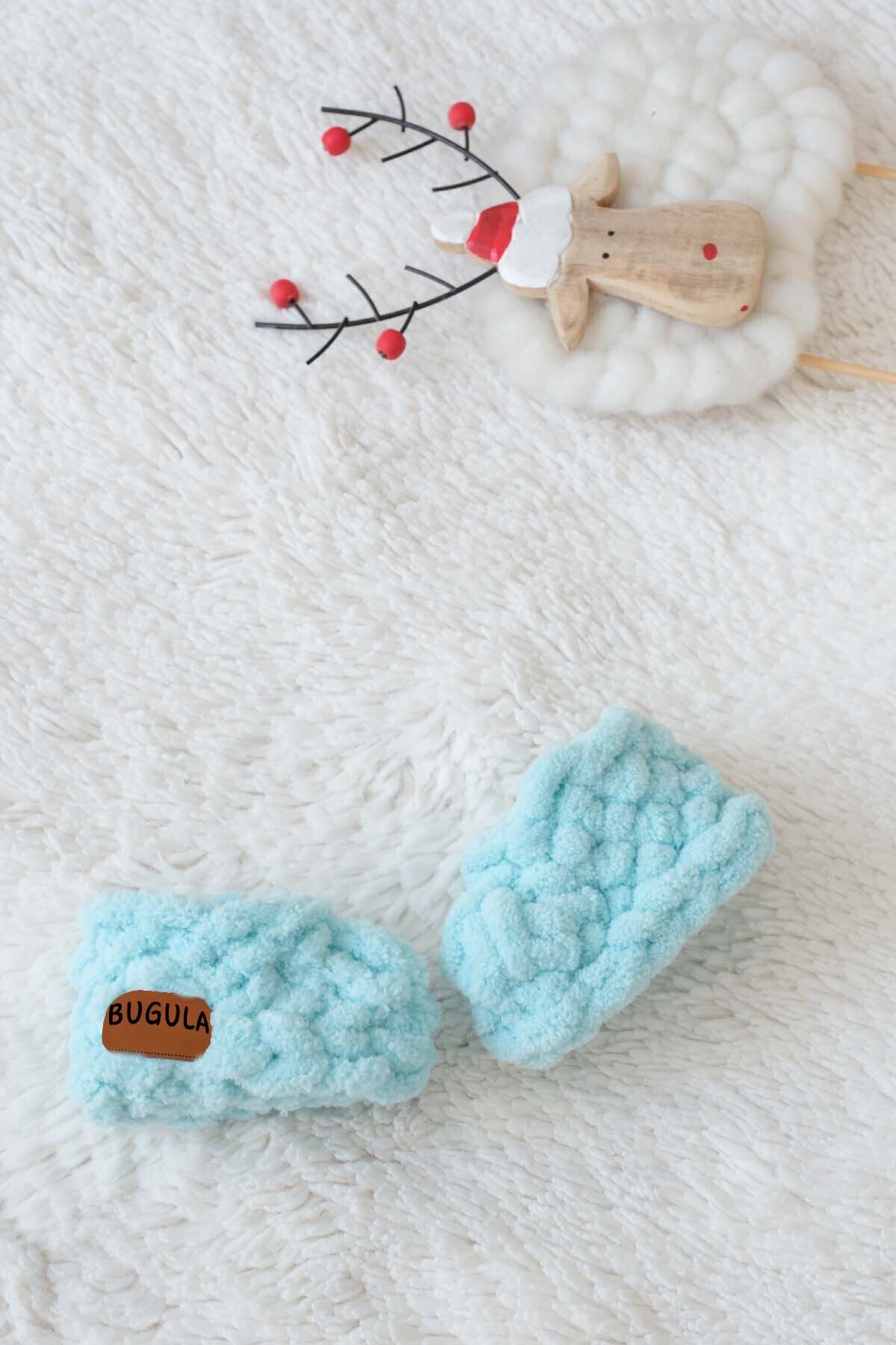 Newborn Snoozies Booties 0-3M Mint Men's Cute Natural Hand-knitted Alize Puffy Certified Rope