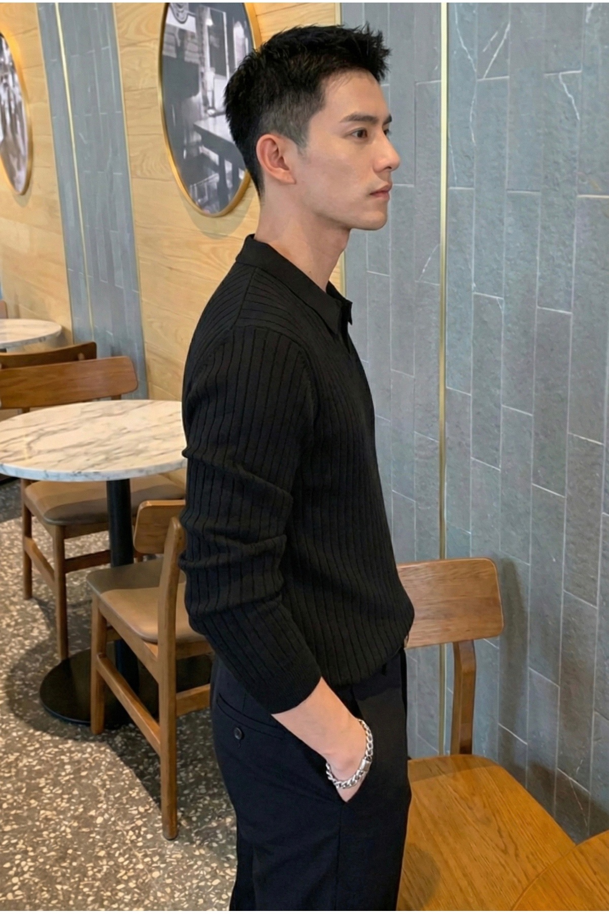 Tarz Cool  Siyah Erkek Polo Yaka Fitilli Triko Kazak - Görsel 4