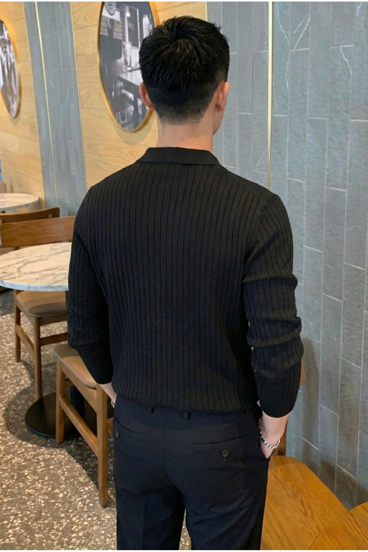 Tarz Cool  Siyah Erkek Polo Yaka Fitilli Triko Kazak - Görsel 5