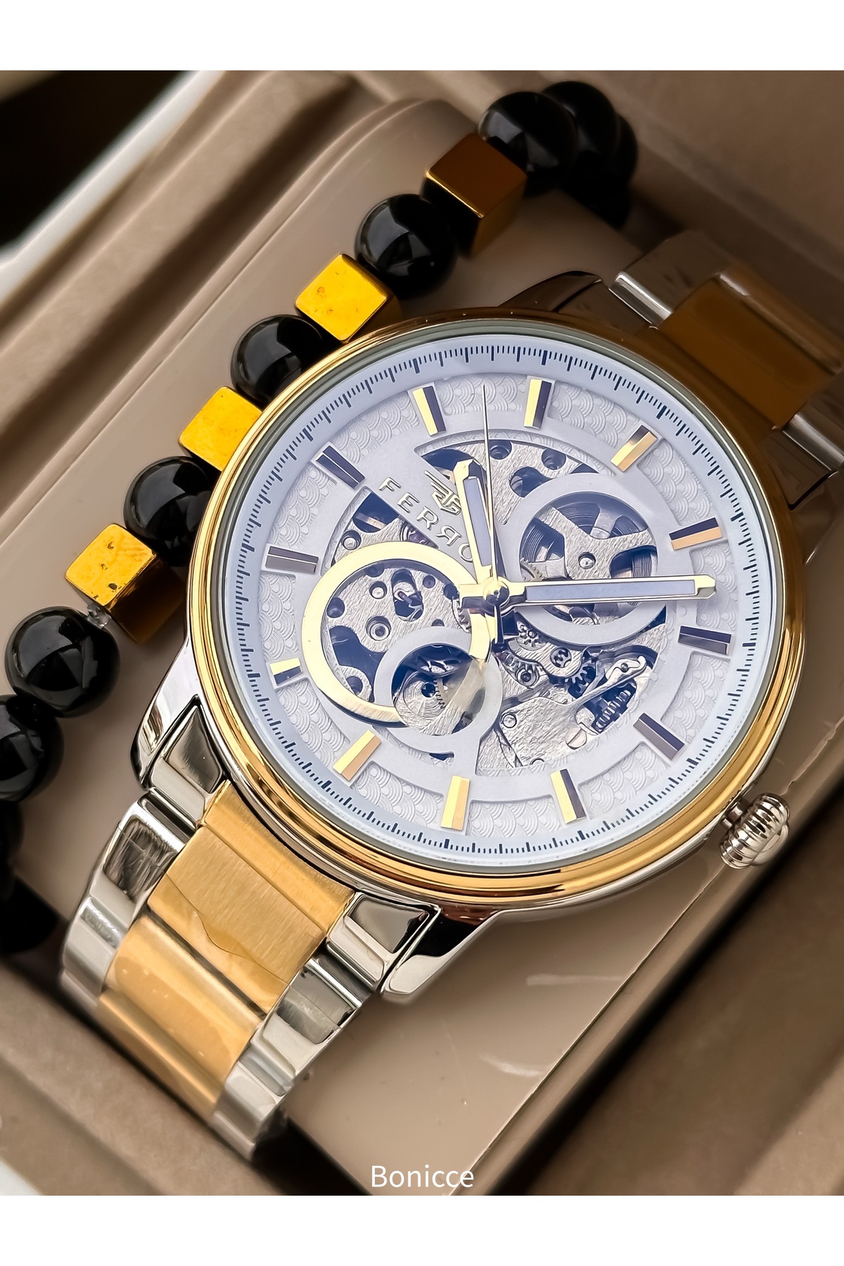 Brand Auto (without battery) Gold Color , Steel Band Men's Wrist Watch+bracelet