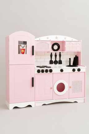 hedefixtoys Premium Pembe Ahşap Oyuncak Mutfak – Buzdolaplı, El Boyalı Aksesu...