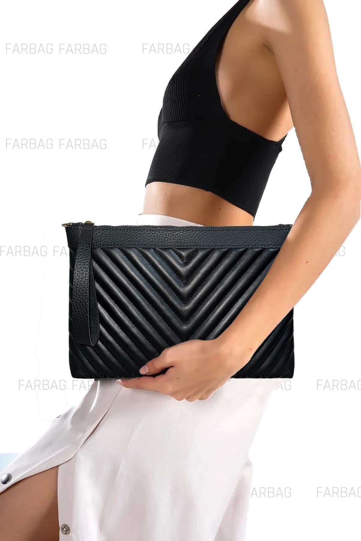 FARBAG Premium Siyah Nakışlı Suni Deri Portföy Ve Omuz Çantası