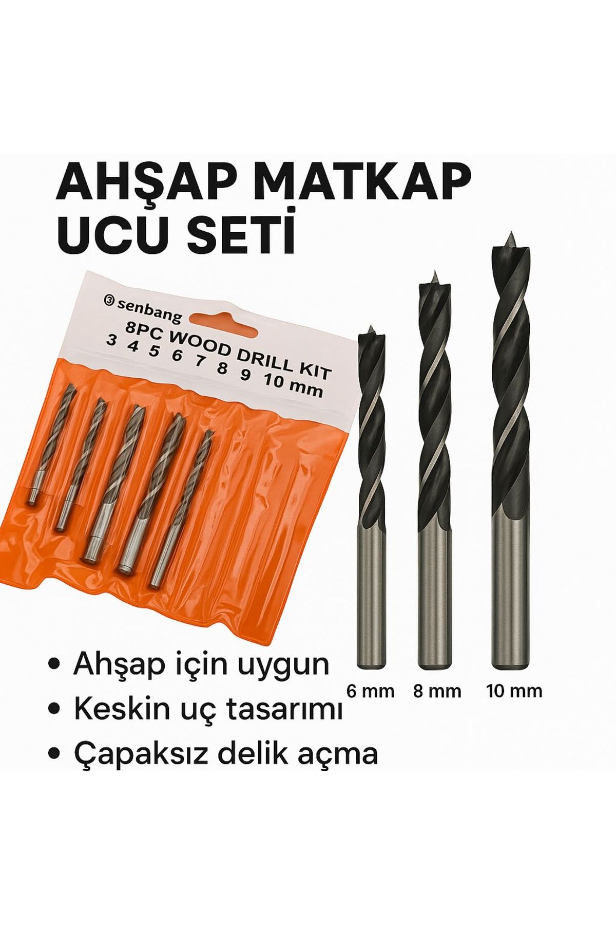 SENBANG 8-Piece Wood Drill Bit Set – Professional Wood Drilling Bits