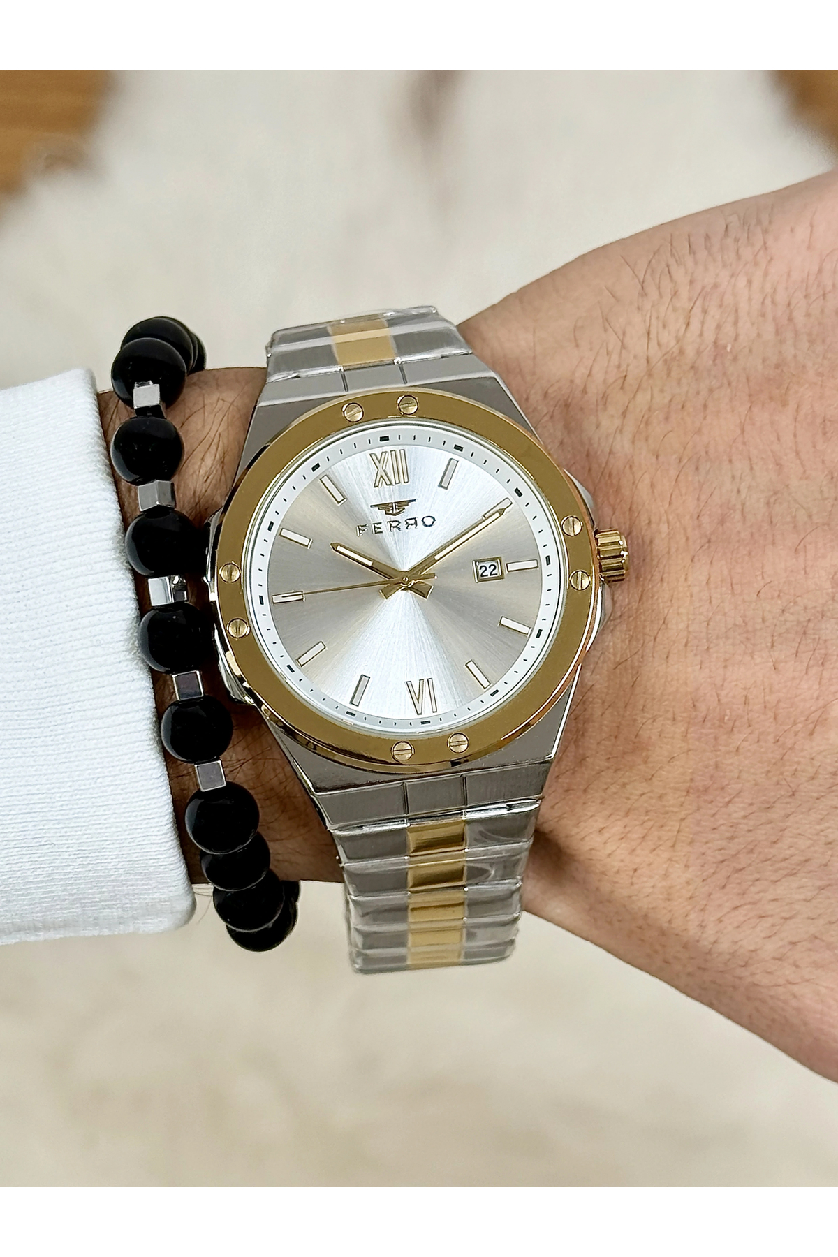ساعت مچی مردانه بند فولادی زرد و نقره‌ای F11357A-D