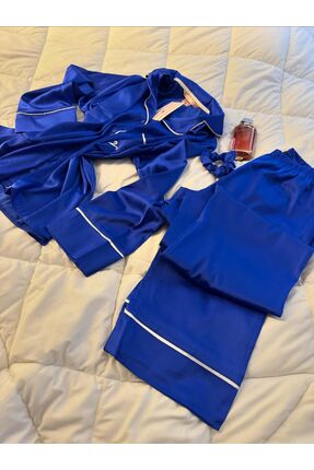 SS HOME CONCEPT Mavi Saten Pijama Takımı, Saten Uzun Kollu Pijama Takımı