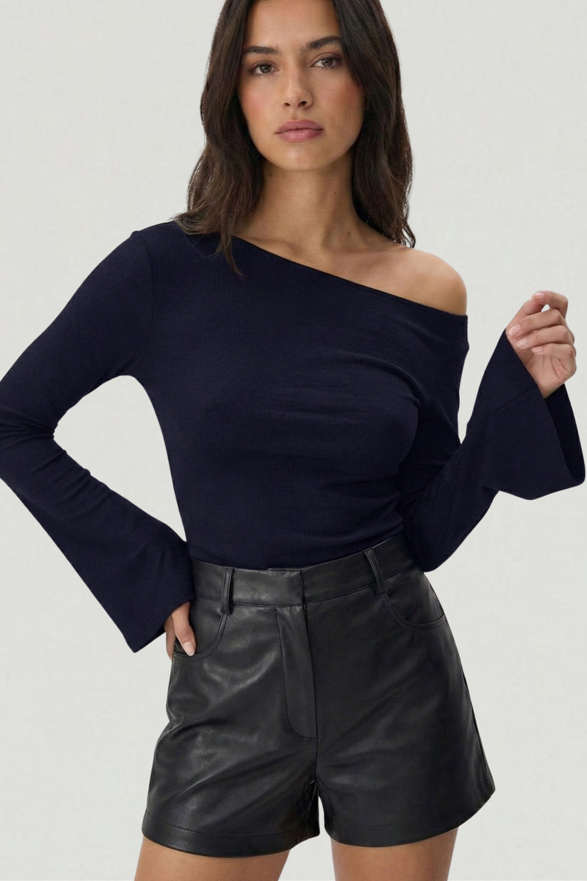 VODENS Lacivert Çan kollu %100 Pamuk basic tişört Bluz