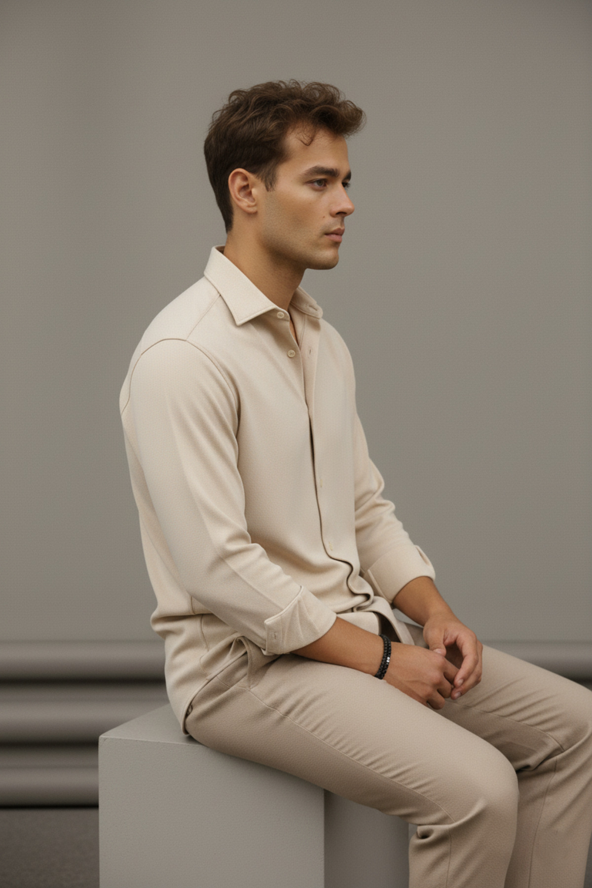 Bürke  Sofya Keten Krem Yarım Oversize Erkek Gömlek - Görsel 4