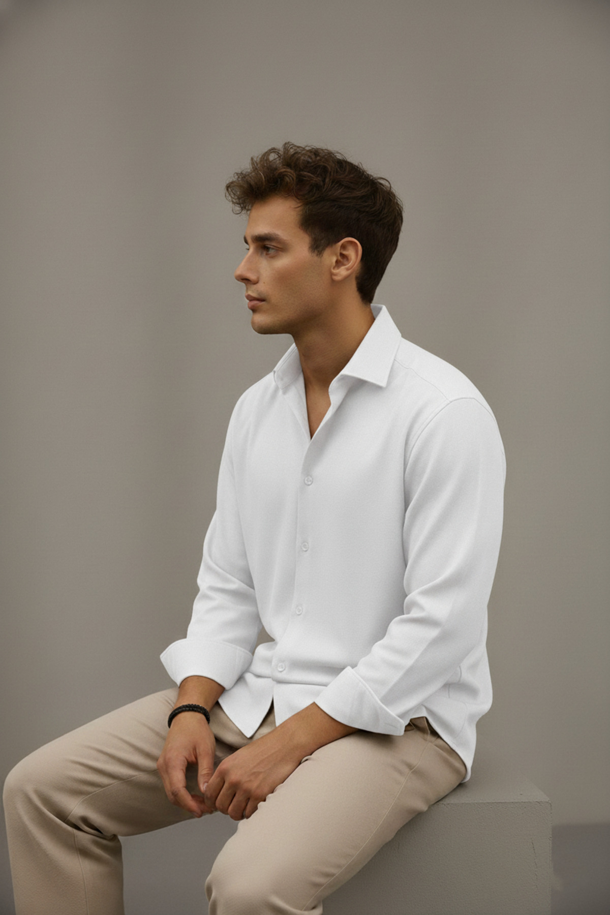 Bürke  Sofya Keten Beyaz Yarım Oversize Erkek Gömlek - Görsel 7