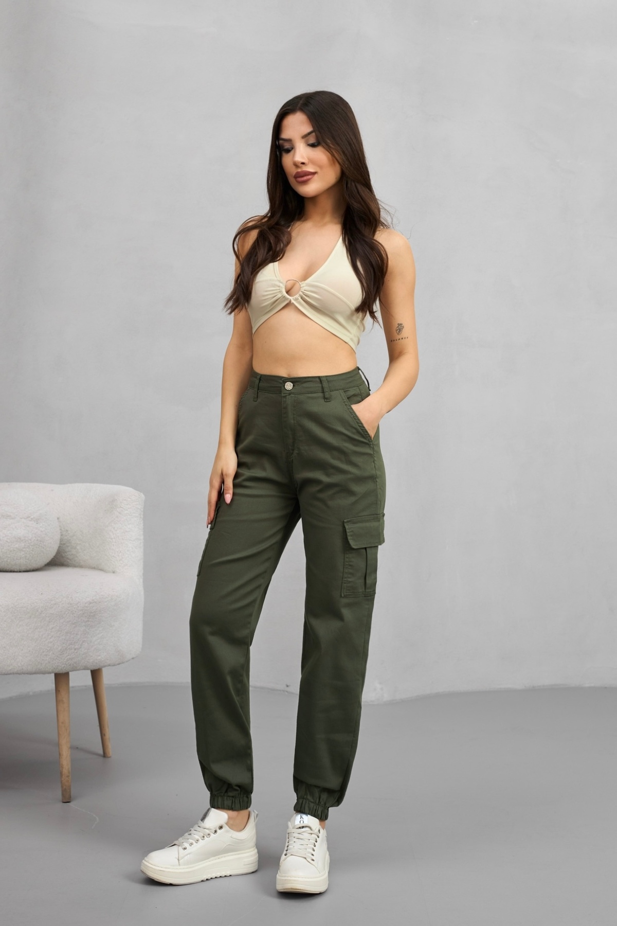 alanora  Kadın Yüksek Bel Paçası Lastikli Jogger Kargo Cep Pantolon - Görsel 6