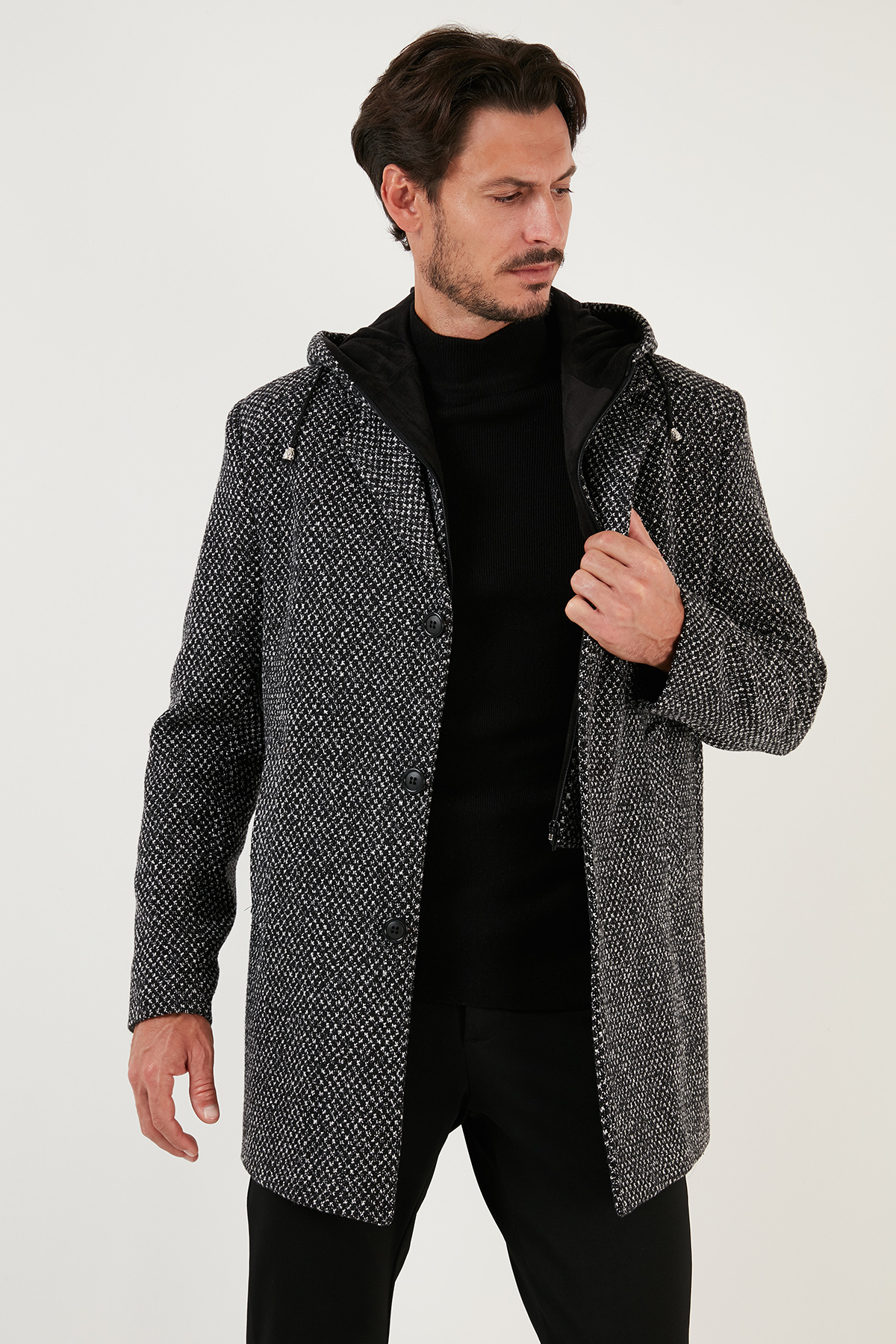 Buratti  Çıkarılabilir Kapüşonlu Kırçıllı Slim Fit Kaşe Kaban Erkek KABAN 5841013 - Görsel 3